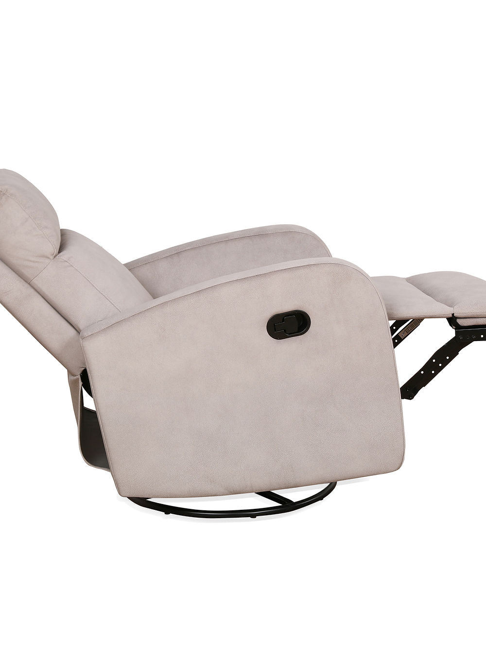 Recliner Chair with Pull Handle
Features Soft Charcoal Fabric 
Swivel Glider Mechanism
Zero Wallhugger. Soft Latte