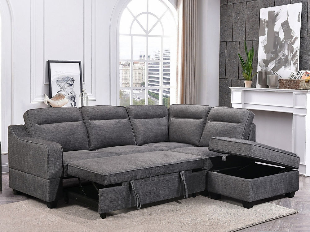 RHF Sofa Bed Sectional, Right Hand Facing Chaise,
Large Lift-Up Storage Compartment,Opens to a Bed w
Floating Storage Ottoman in
Soft Grey Fabric