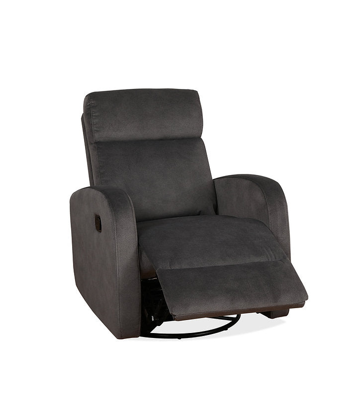 Recliner Chair with Pull Handle
Features Soft Charcoal Fabric 
Swivel Glider Mechanism
Zero Wallhugger. Soft Charcoal