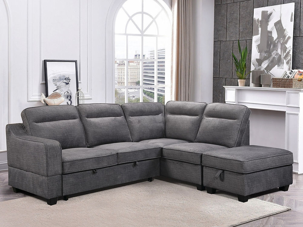 RHF Sofa Bed Sectional, Right Hand Facing Chaise,
Large Lift-Up Storage Compartment,Opens to a Bed w
Floating Storage Ottoman in
Soft Grey Fabric