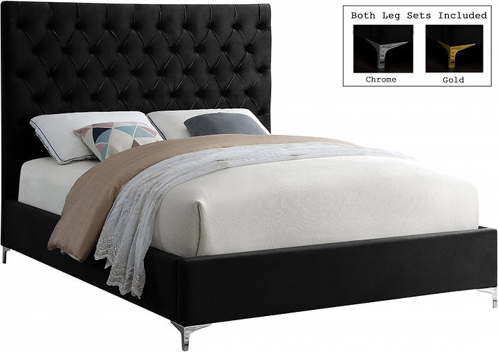 Grey Velvet Fabric With Deep Button Tufting.Black

Gold and Chrome Legs Included with each bed