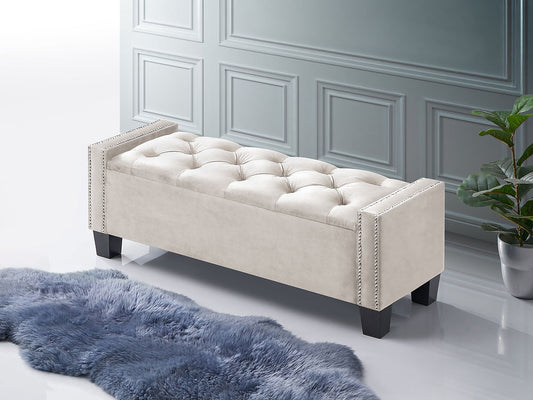 Tufted Storage Bench in Cream Velvet