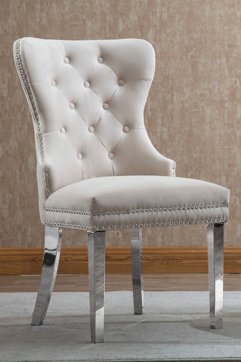 Cream Velvet Dining Chair,Chrome Knocker,
Polished Chrome Frame,
Button Tufted Front
Nailhead Details (SET OF 2)