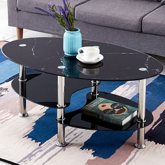 Black Marble Glass Coffee Table with Chrome Legs