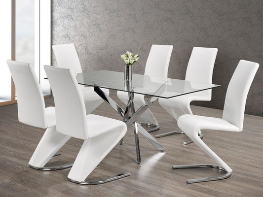 7 PC Dining Set Tempered Clear Glass with Chrome Legs, Upholstered White ‘Z’ Shaped With Chrome Legs