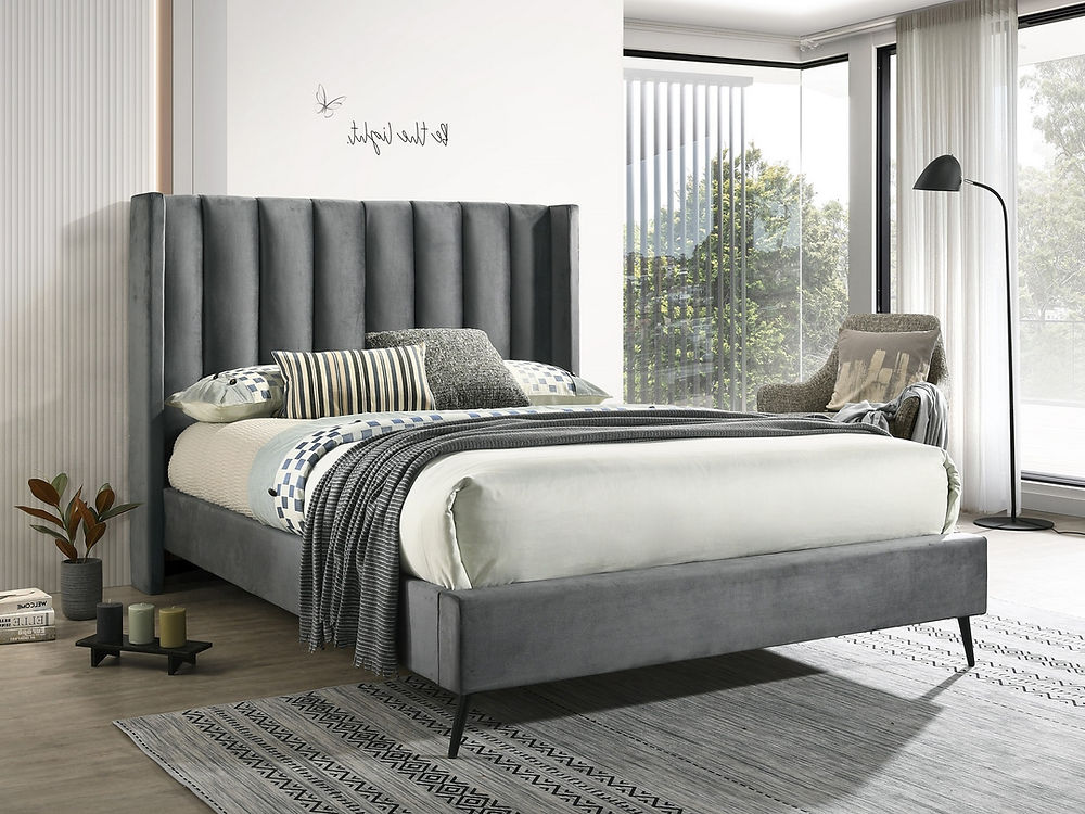 Modern Style 
Wing Bed with Deep Vertical Tufting Black Metal Legs
Grey Velvet Fabric