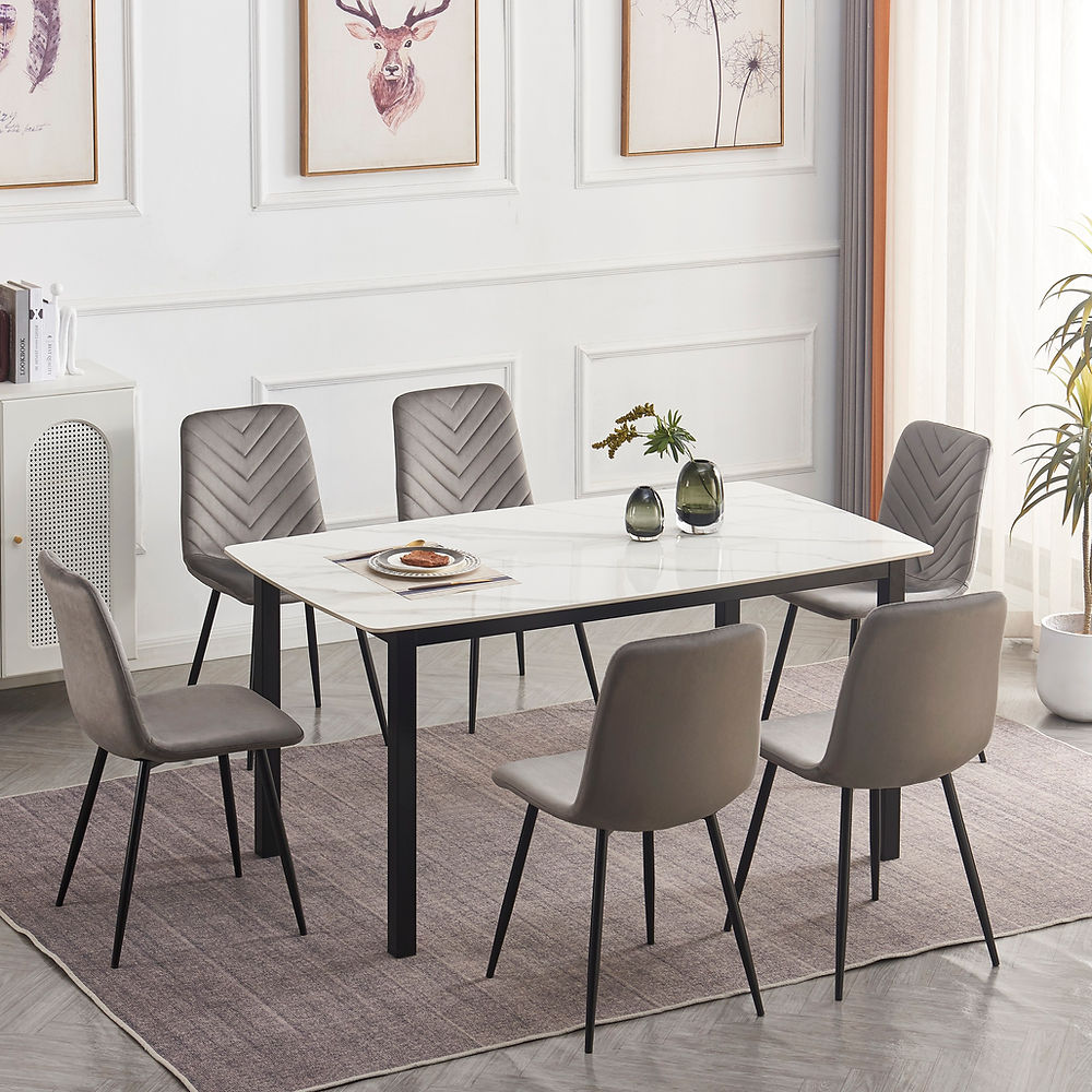 7 Pc Dinning Set, Sintered Stone White Marble Top With Black Steel Legs.