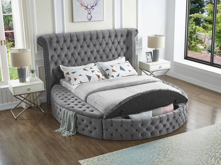 Grey Velvet Fabric Bed with Deep Button Tufting and 3 Storage Benches (IN 2 SIZES)