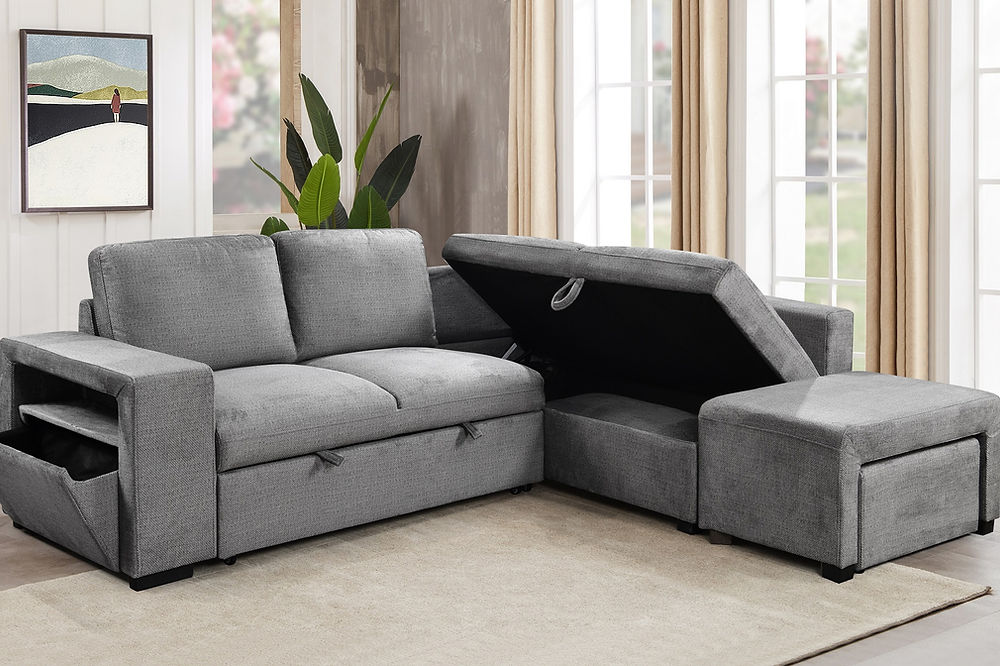 RHF Sofa Bed Sectional,Right Hand Facing Chaise,
Large Lift-Up Storage Compartment, Opens to a Bed
Floating Ottoman and Pull-Out Stool, Side Opens Up for More Storage, Soft Grey Fabric