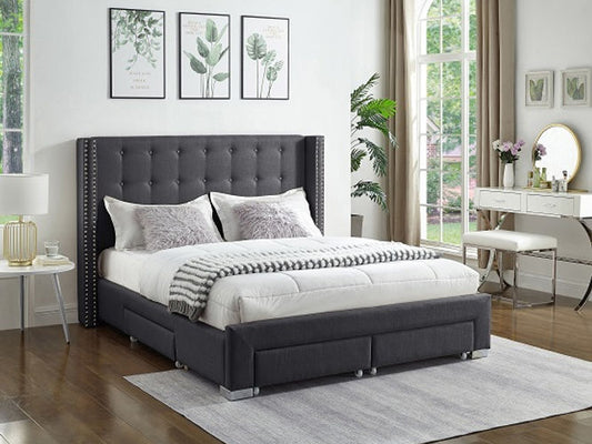 Grey Velvet Fabric Wing Bed with Nailhead Details and Chrome Legs. Four Pull-Out Storage Drawers