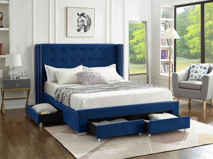 Blue Grey Velvet Fabric Wing Bed with Nailhead Details and Chrome Legs. Four Pull-Out Storage Drawers