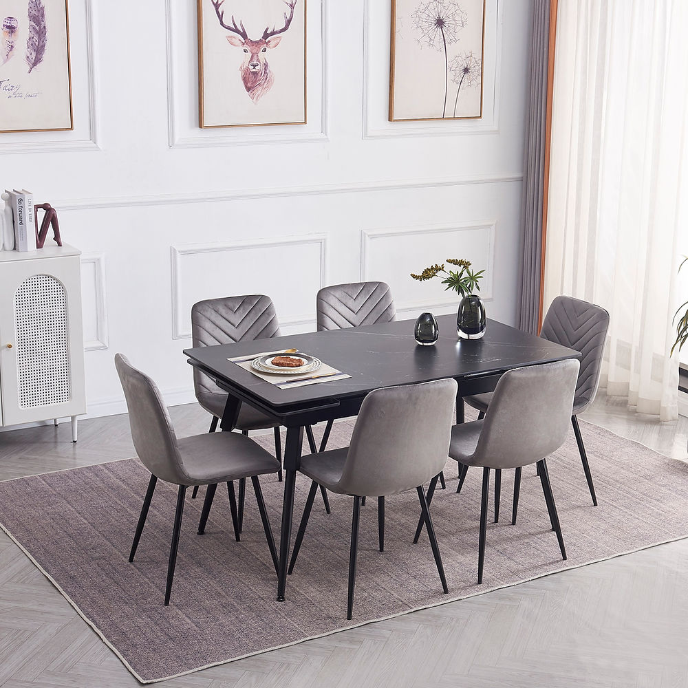 7 Pc Dinning Set, Sintered Stone Black Marble Top With Black Steel Legs with soft grey dining chairs