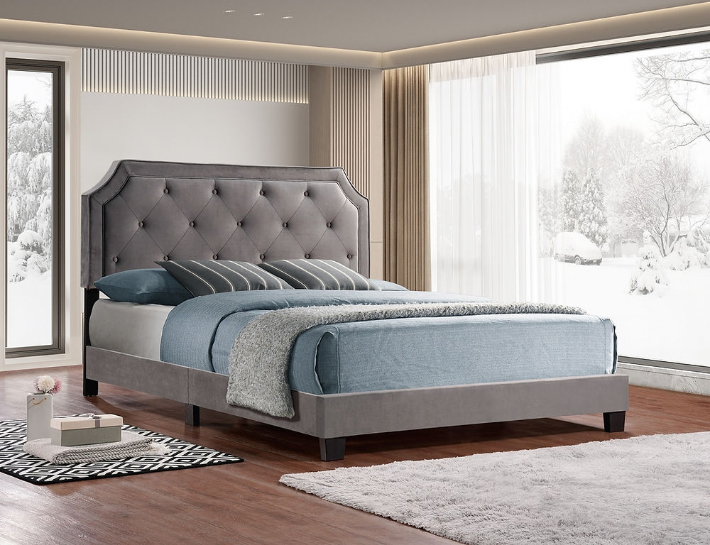 Transitional Style 
Diamond Pattern Button Tufting Headboard, Platform Bed, Includes Mattress Support,
Grey Velvet Fabric