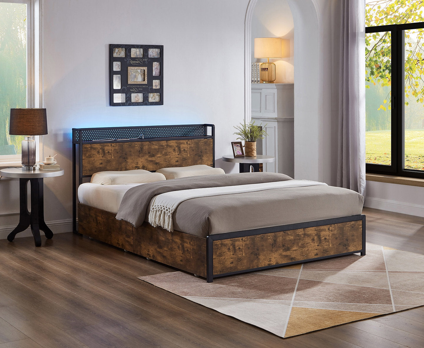 Modern Wood Grain Panels and Metal Frame Headboard Bed with Storage Ledge in DOUBLE & QUEEN