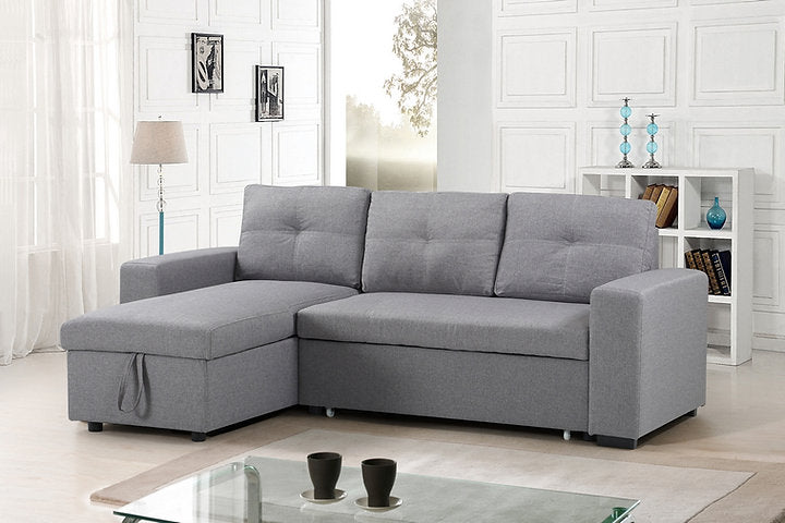 Sofabed Sectional With a Large Lift up Storage Compartment.  Reversible Left or Right Hand Chaise. Grey Fabric.