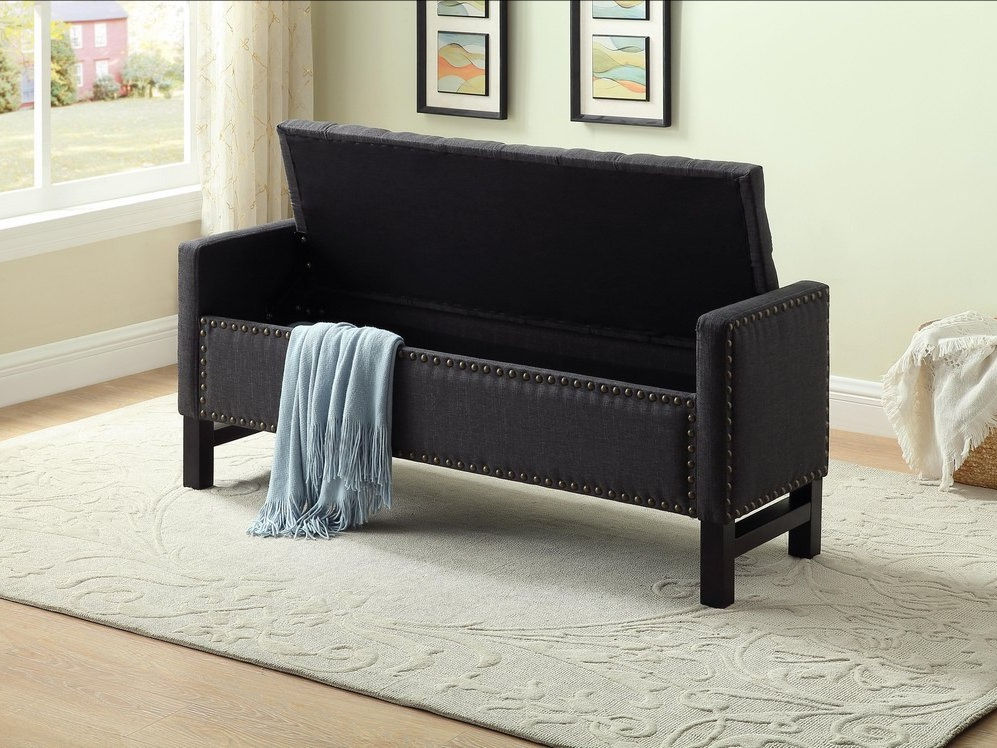 Charcoal Fabric Studded Storage Bench