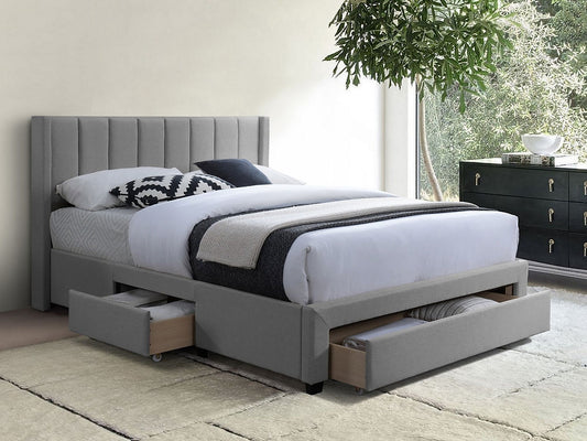 Grey Transitional Style Bed,
Vertical Tufted Headboard,
High Density Foam Padding,
3 Storages (1x Front and 2x Sides)