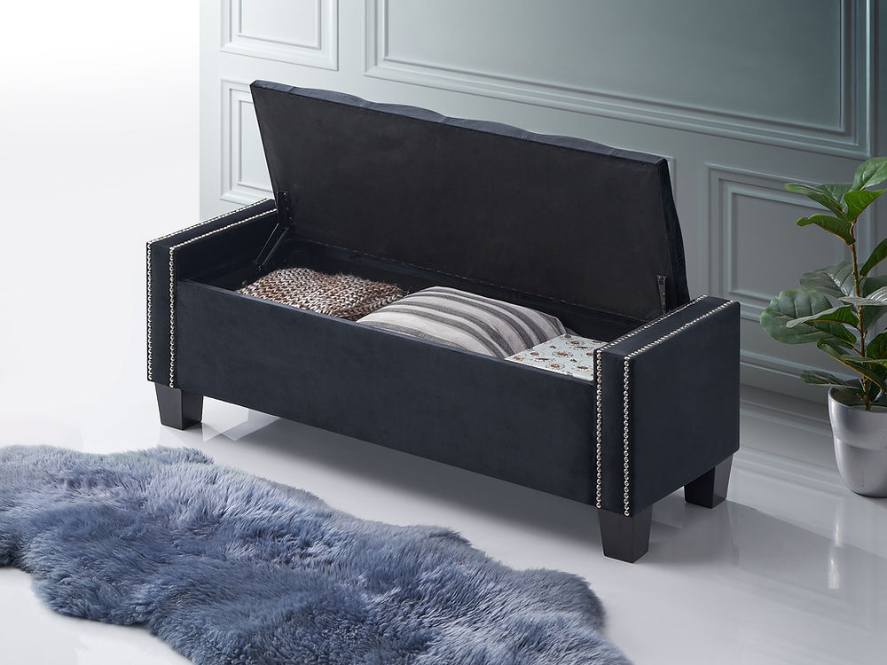 Tufted Storage Bench in Black Velvet