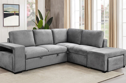 RHF Sofa Bed Sectional,Right Hand Facing Chaise,
Large Lift-Up Storage Compartment, Opens to a Bed
Floating Ottoman and Pull-Out Stool, Side Opens Up for More Storage, Soft Grey Fabric