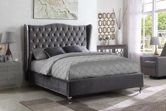 Grey Velvet Fabric Wing Back Bed with Nailhead and Rhinestone Details