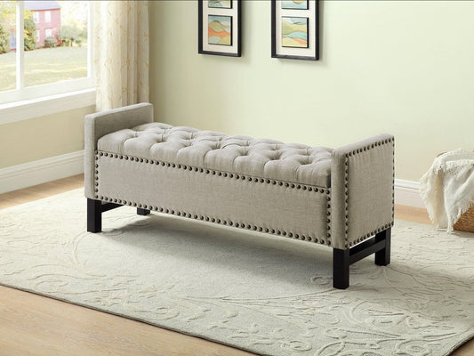 Beige Fabric Studded Storage Bench