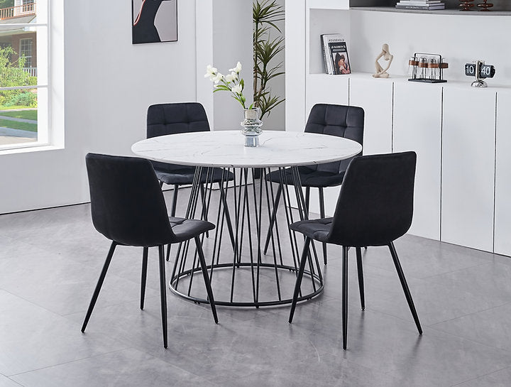 Halcyon 5 Pc White Marble Veneer Top With Black Pedestal Steel Base Dinette Set