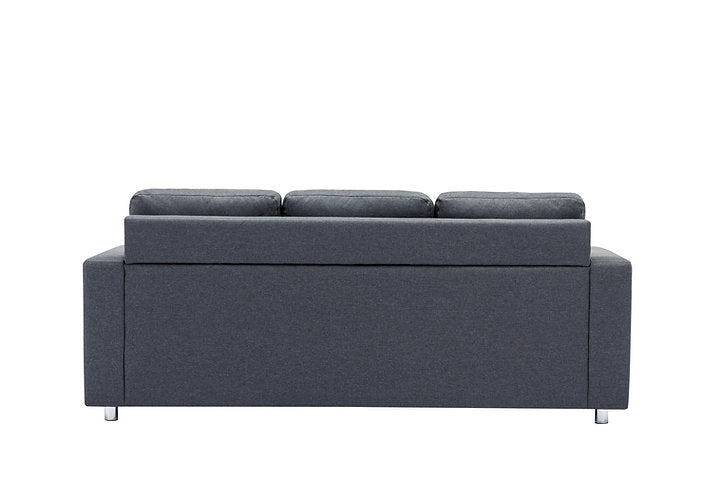 Grey Fabric Sofa, Reversible Chaise Lounge With Chrome Legs and Accent Pillows