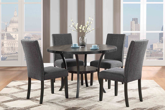 5 Pc Dinning  Set: Espresso Rustic Table with Nailhead Trim and Storage Shelf. Made from Exotic Wood and Wood Veneers, Grey Chairs