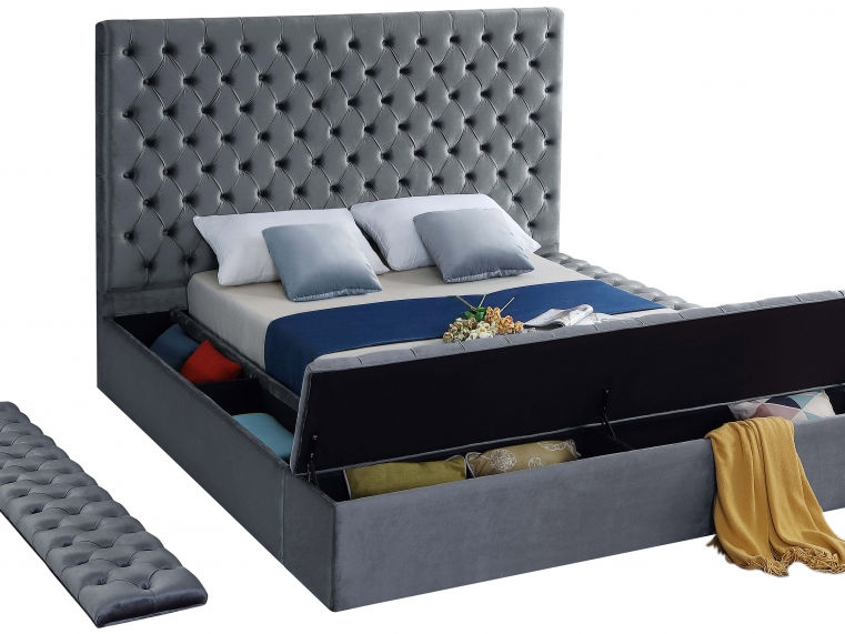 Deep Button Tufting Headboard
Platform Bed, 3 Large Storages (2x Side Benches x 1 Front Bench),Grey Velvet Fabric,
16" Footboard and 16" Sideboard Height