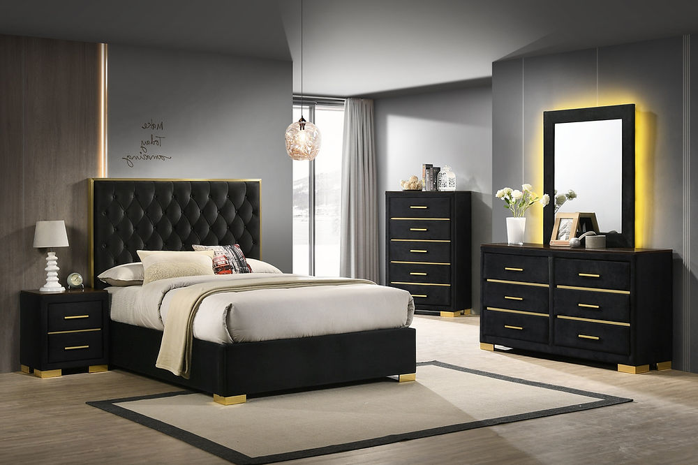 5 Pc Black Velvet Bedroom Set, Button Tufting on Headboard, 
Black Velvet with Gold Accent Frame, Gold Legs and Hardware
Platform Bed (No Box Required)