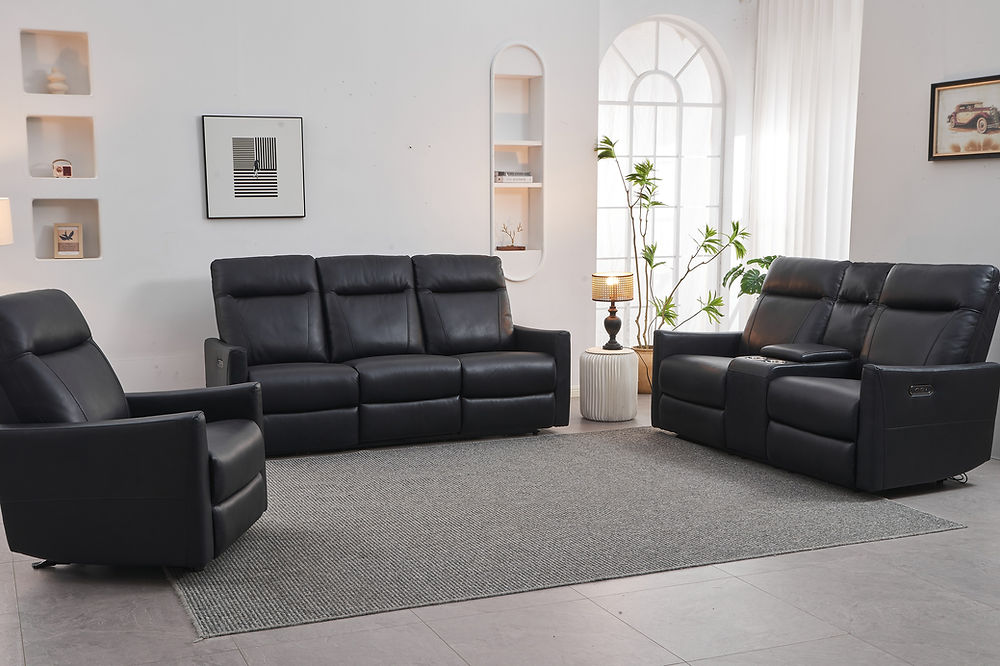 3pc Recliner Set, Soft Black Leather Match