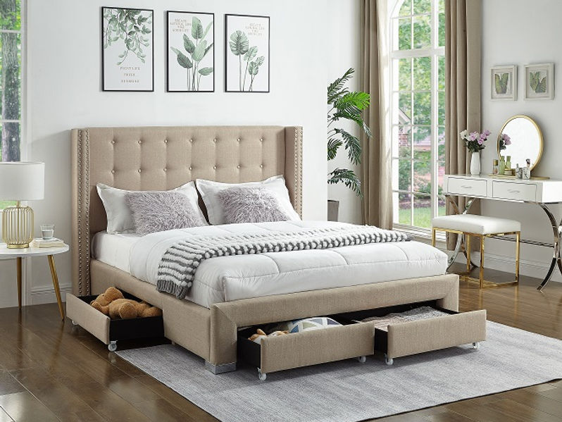 King Beige Velvet Fabric Wing Bed with Nailhead Details and Chrome Legs. Four Pull-Out Storage Drawers