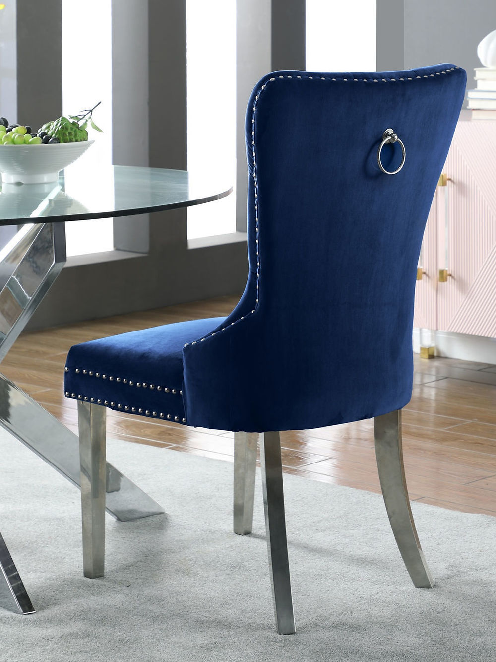 Blue Velvet Dining Chair,Chrome Knocker, Polished Chrome Frame,
Button Tufted Front Nailhead Details (SET OF 2)