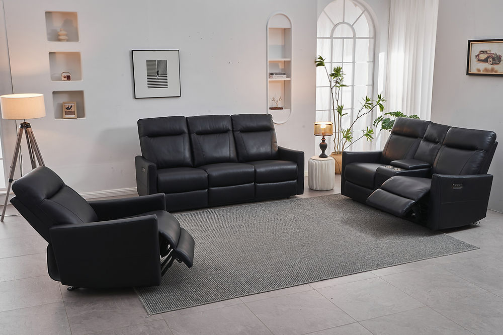 3pc Recliner Set, Soft Black Leather Match