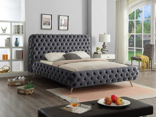 Grey Velvet Fabric Bed with Extra Deep Button Tufting and Sleek Chrome Leg