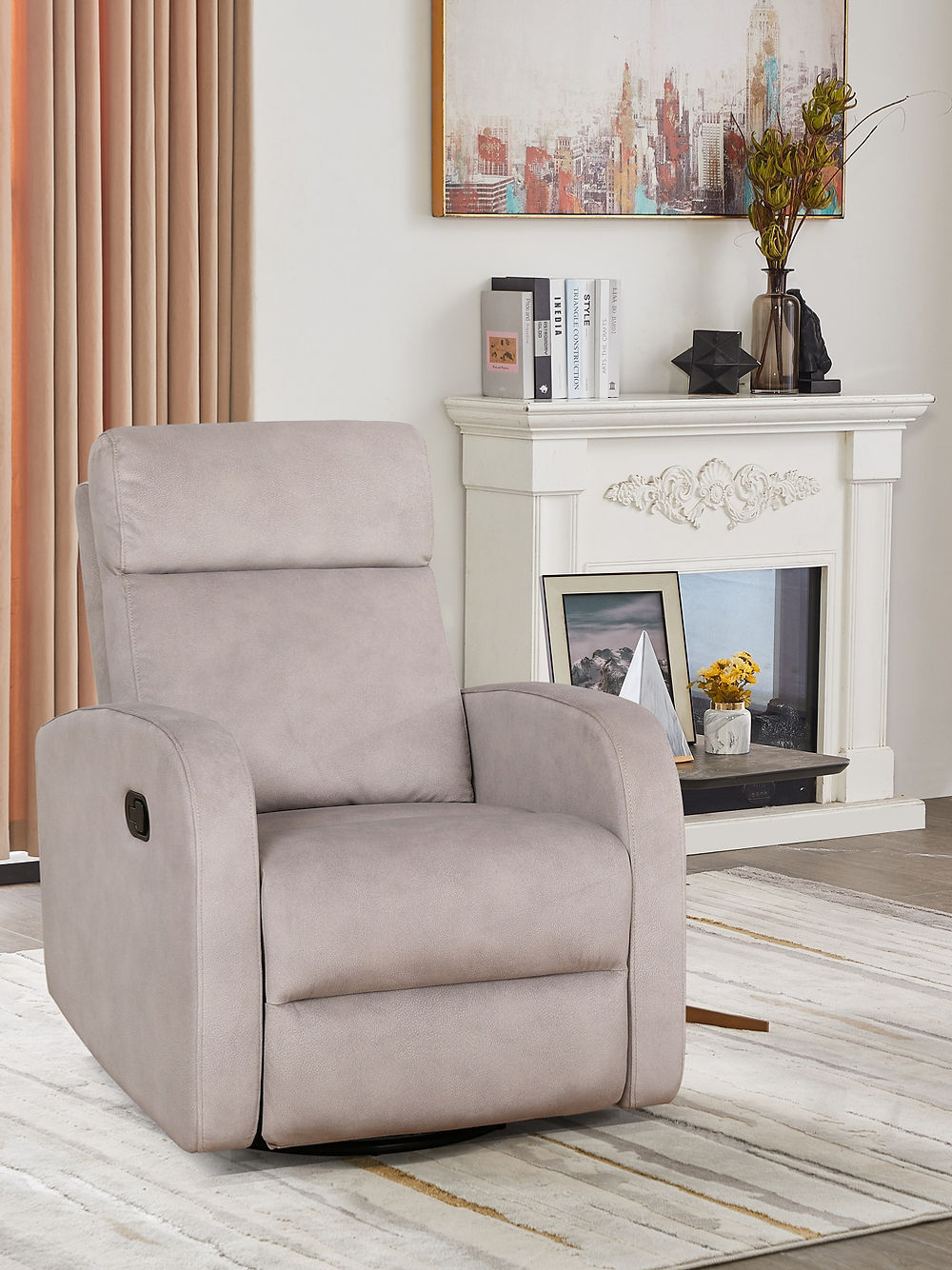 Recliner Chair with Pull Handle
Features Soft Charcoal Fabric 
Swivel Glider Mechanism
Zero Wallhugger. Soft Latte