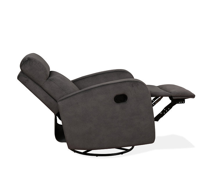 Recliner Chair with Pull Handle
Features Soft Charcoal Fabric 
Swivel Glider Mechanism
Zero Wallhugger. Soft Charcoal