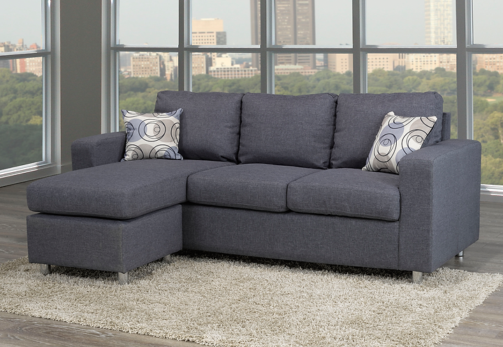 Grey Fabric Sofa, Reversible Chaise Lounge With Chrome Legs and Accent Pillows