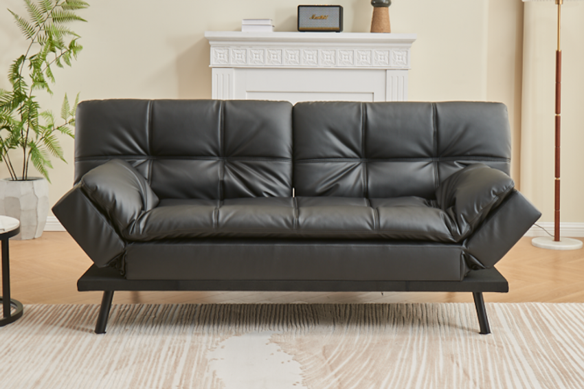 Split Back and Seat Design Sofa Bed, Adjustable Armrest Positions with Memory Foam Cushion in Black PU