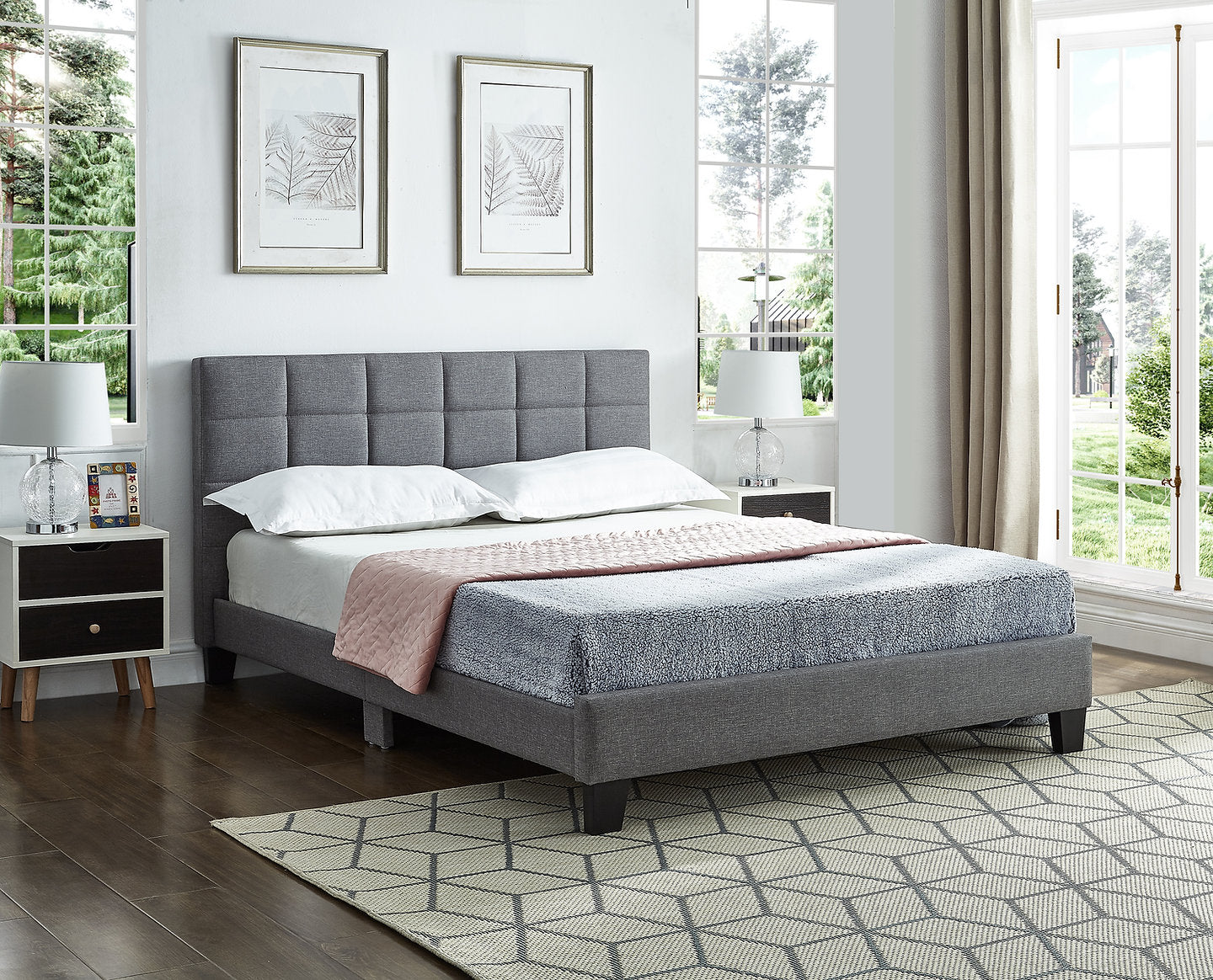 Grey Fabric Bed with Padded Headboard in Grey