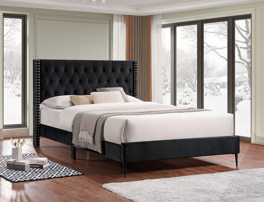 Transitional Style Bed,
Diamond Pattern Button Tufting, Wing Headboard,Chrome Nailhead Details,High Density,
Stiletto Black Metal Legs,in
Black Velvet Fabric