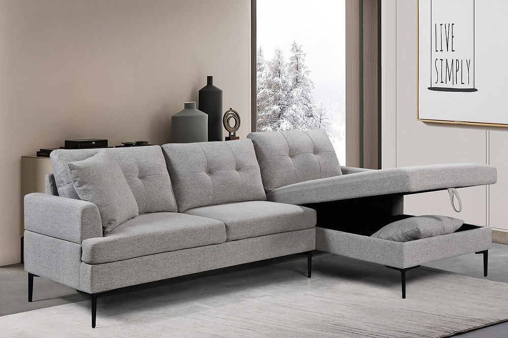 LHF Sectional, Left Hand Facing Chaise,Large Pull-Up Storage Compartment, Black Metal Legs, Accent Pillows, Soft Grey Fabric in Grey