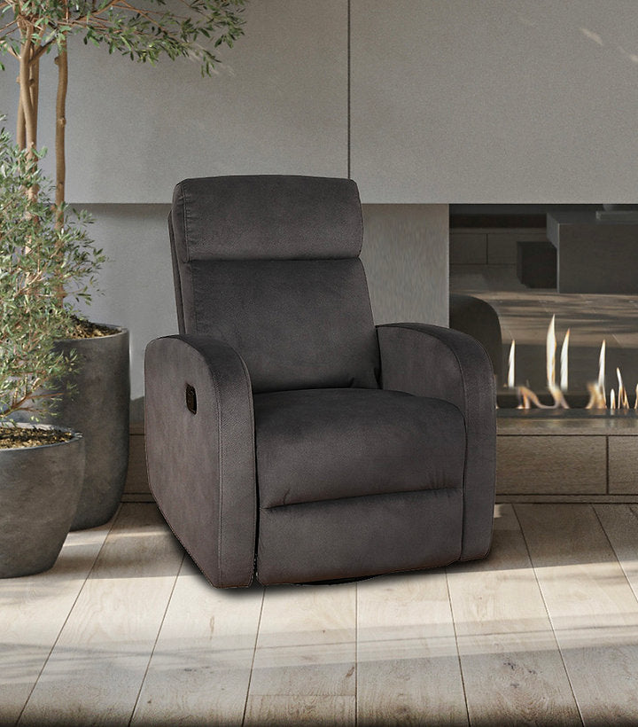 Recliner Chair with Pull Handle
Features Soft Charcoal Fabric 
Swivel Glider Mechanism
Zero Wallhugger. Soft Charcoal