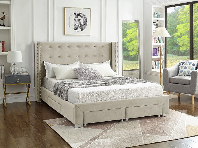 Creme Velvet Fabric Wing Bed with Nailhead Details and Chrome Legs. Four Pull-Out Storage Drawers