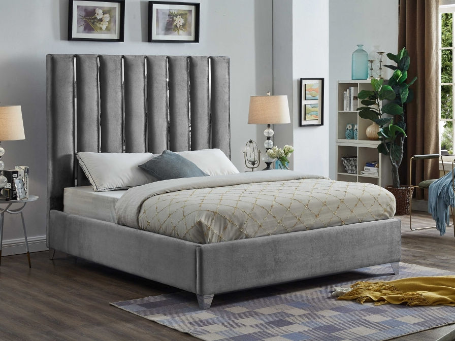 Chrome Channel Design Platform Bed, Grey Velvet Fabric Upholstery