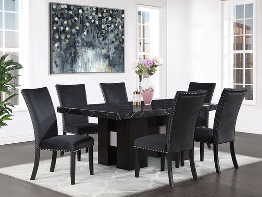 7 Pc Dinning Set Faux Black Marble Top with Double Pedestal Base, Black Chairs