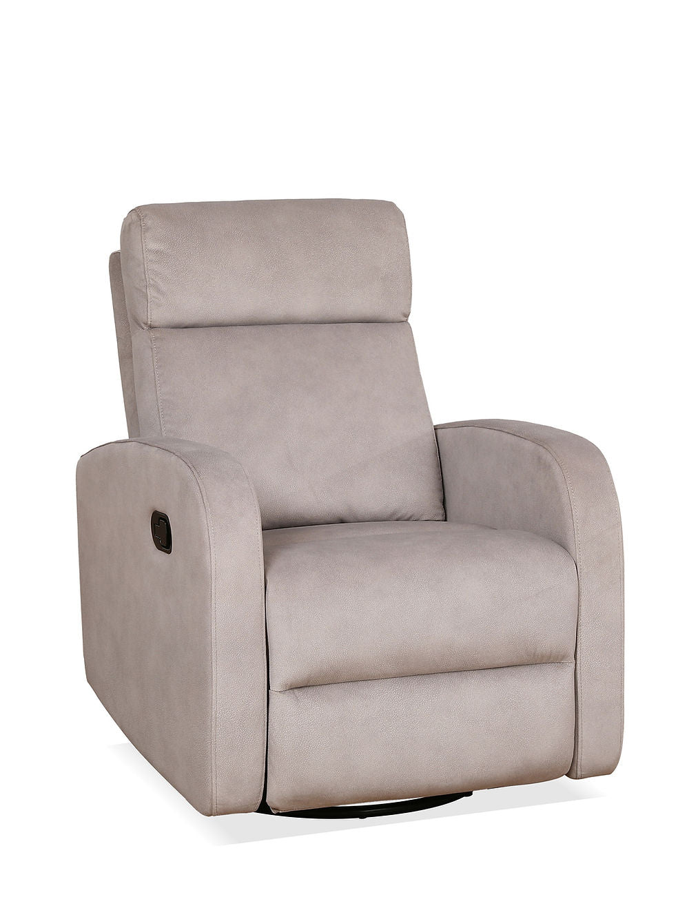 Recliner Chair with Pull Handle
Features Soft Charcoal Fabric 
Swivel Glider Mechanism
Zero Wallhugger. Soft Latte