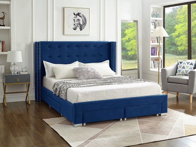 Blue Grey Velvet Fabric Wing Bed with Nailhead Details and Chrome Legs. Four Pull-Out Storage Drawers