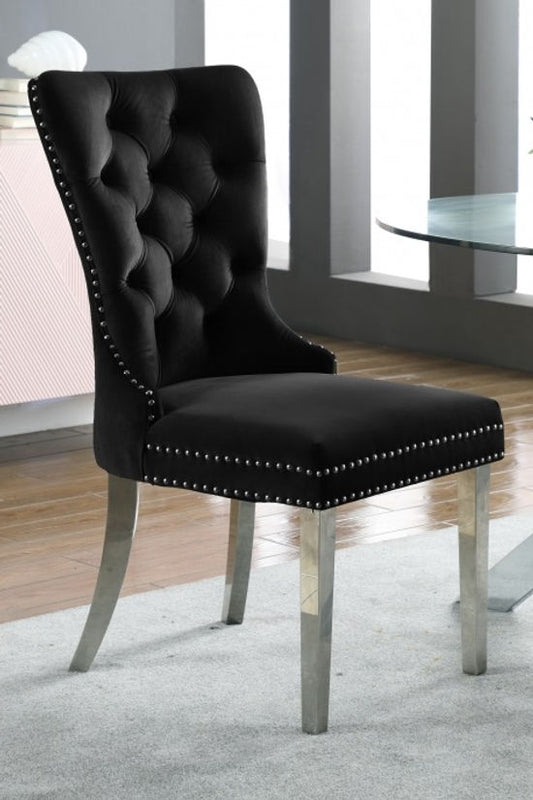 Black Velvet Dining Chair,Chrome Knocker, Polished Chrome Frame,
Button Tufted Front Nailhead Details (SET OF 2)