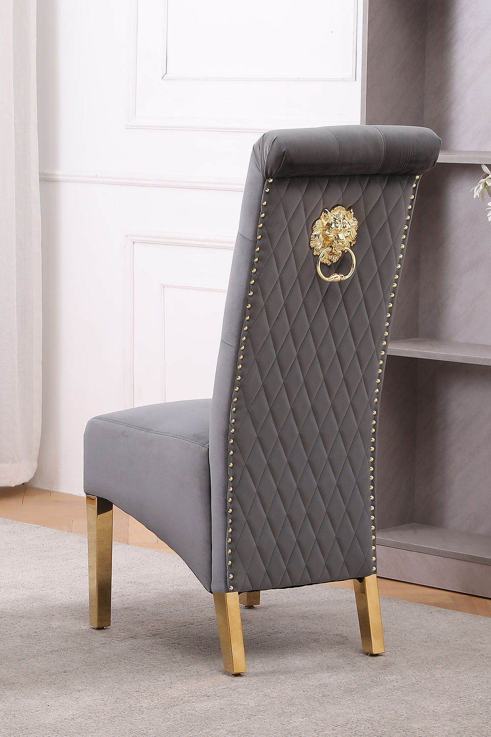 Grey Velvet Dining Chair with Diamond Pattern Stitching, Polished Gold Legs (SET OF 2)